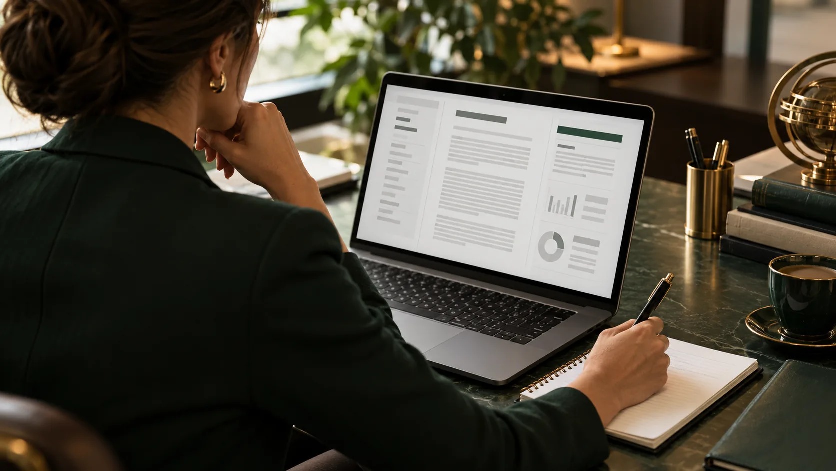 Profissional examinando relatório digital e anotando pontos para conferência de registros processuais