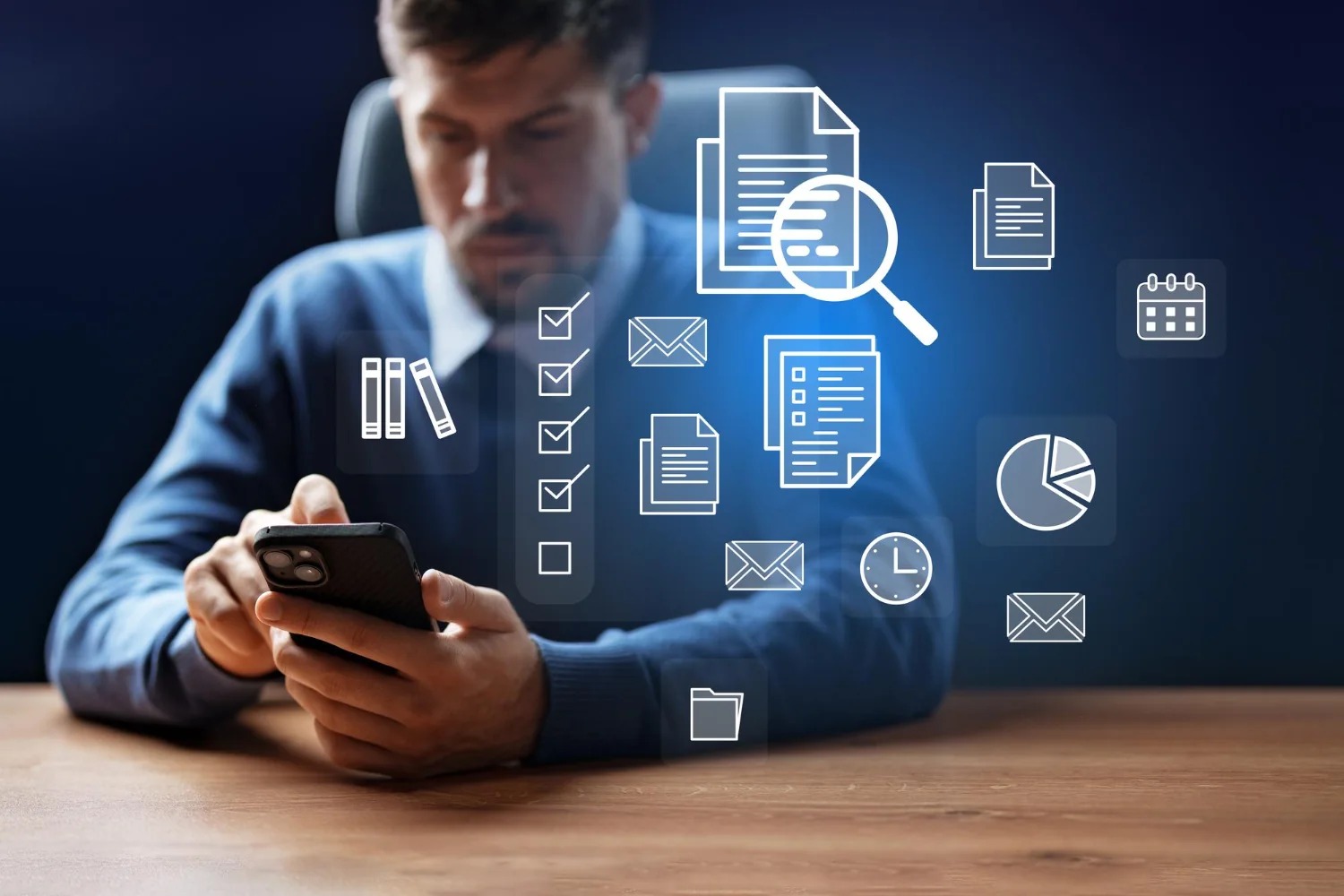 Consultar processo judicial: homem usando um celular com elementos gráficos de pesquisa e documentos